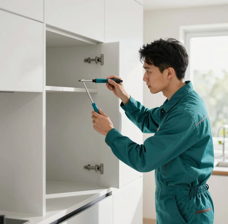 A professional technician in a clean teal uniform inspecting a modern residential kitchen cabinet with a precise tool, bright natural daylight, clean interior, 35mm