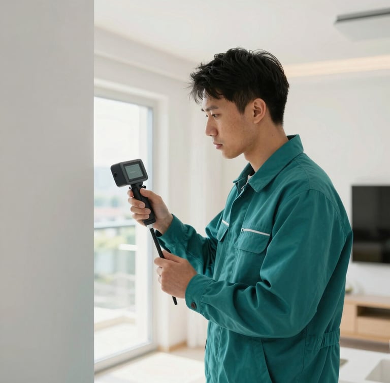 A professional technician in a clean teal uniform inspecting a bright modern home interior with a digital scanner, natural daylight, 35mm photography