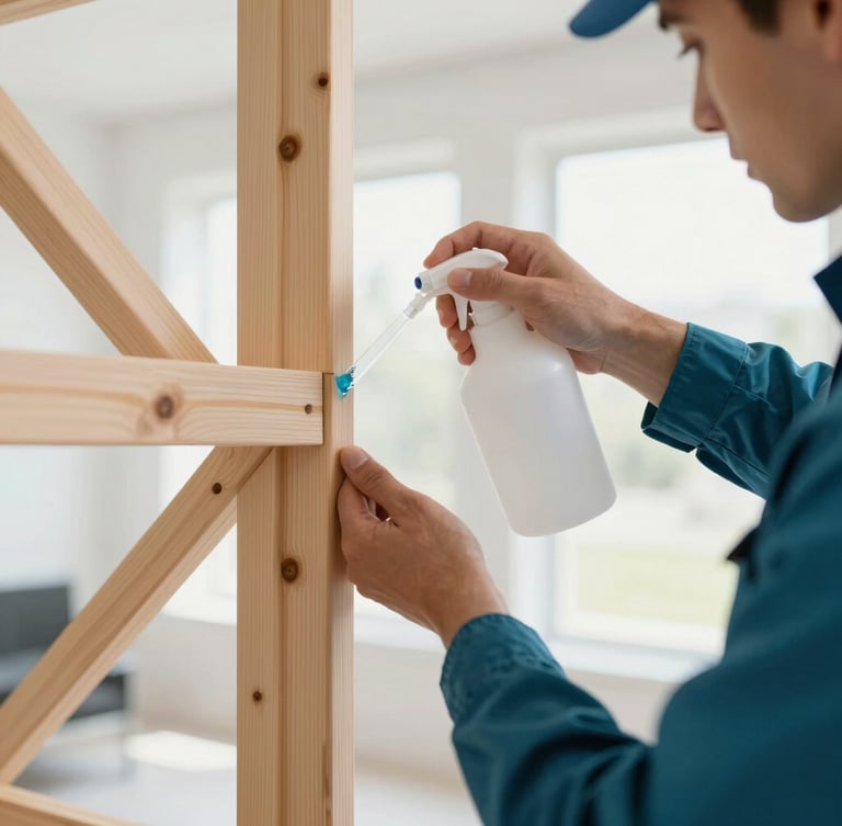 Close up of a certified pest control technician applying a targeted gel treatment to a clean wooden structural frame, sharp focus, professional editorial photography
