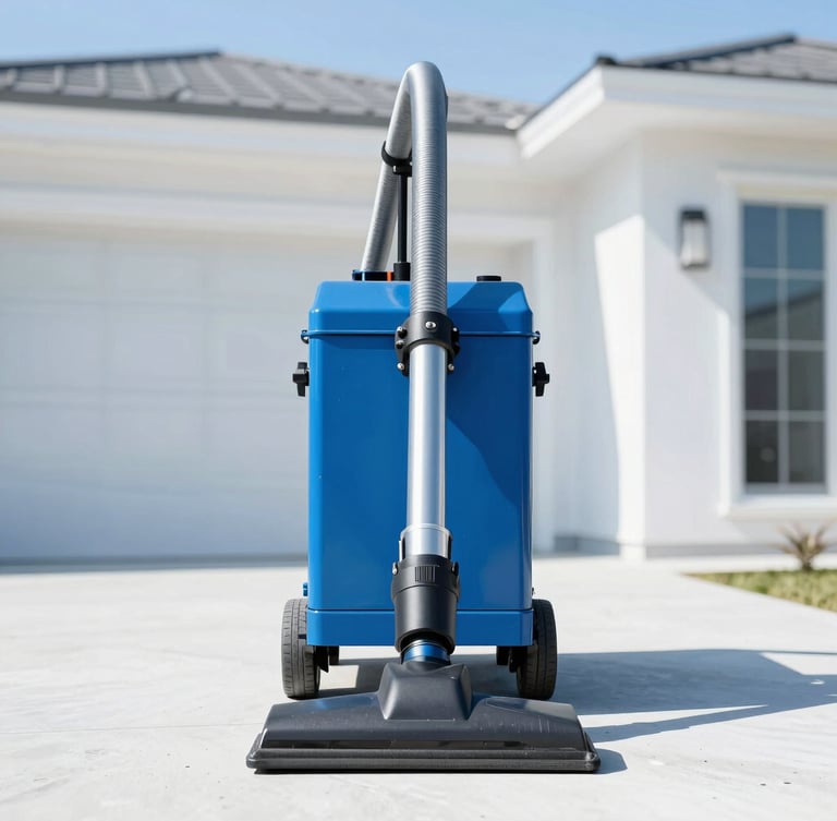 A vertical portrait shot of a powerful truck-mounted vacuum unit with thick heavy-duty hoses entering a clean modern home, bright high-key daylight, sterile blue and white tones