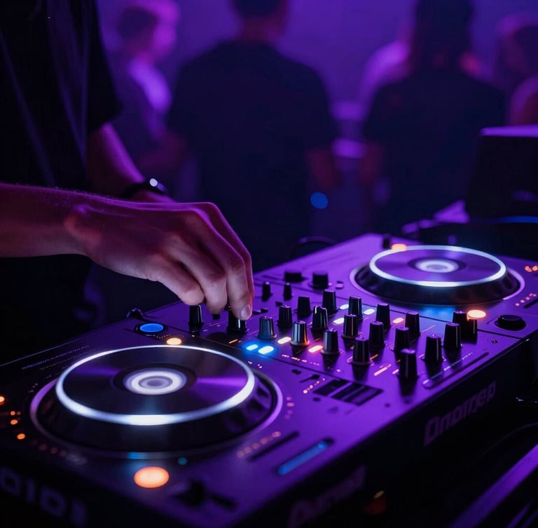 Close-up of a professional DJ controller deck with glowing purple and blue LED indicators, hands adjusting a knob, atmospheric low-light event setting.