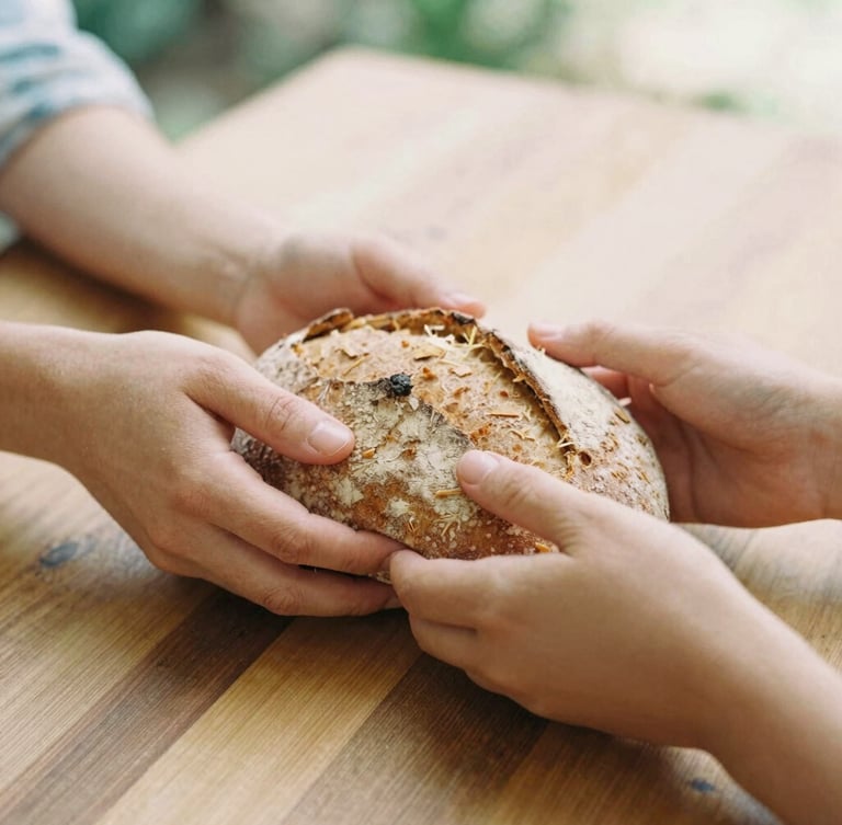 Warm editorial photography, soft natural daylight, close-up of hands sharing rustic bread over a wooden table, earthy organic tones, 35mm film look