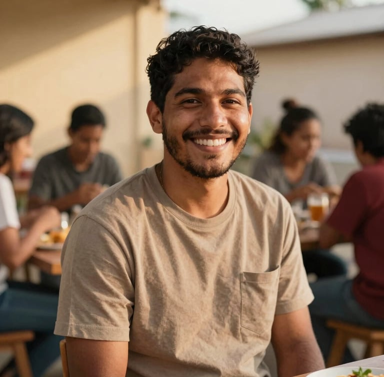 Retrato de plano medio de un voluntario sonriendo con calidez en un comedor social, luz natural suave de atardecer, tonos tierra orgánicos, conexión humana auténtica