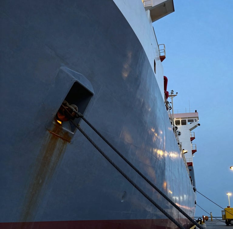 Extreme close-up of a heavy steel hull and mooring lines of a platform supply vessel docked at an industrial port, cold blue hour lighting