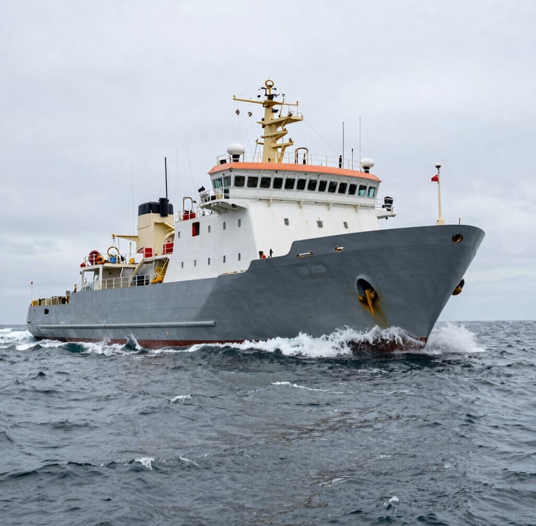 Low-angle wide shot of a heavy steel-hulled utility vessel cutting through cold, gray ocean swells under overcast daylight.