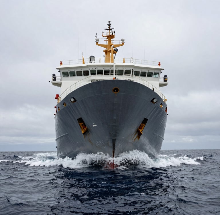 Low-angle wide shot of the heavy steel hull of an intervention vessel cutting through dark, overcast swells in deep offshore waters.