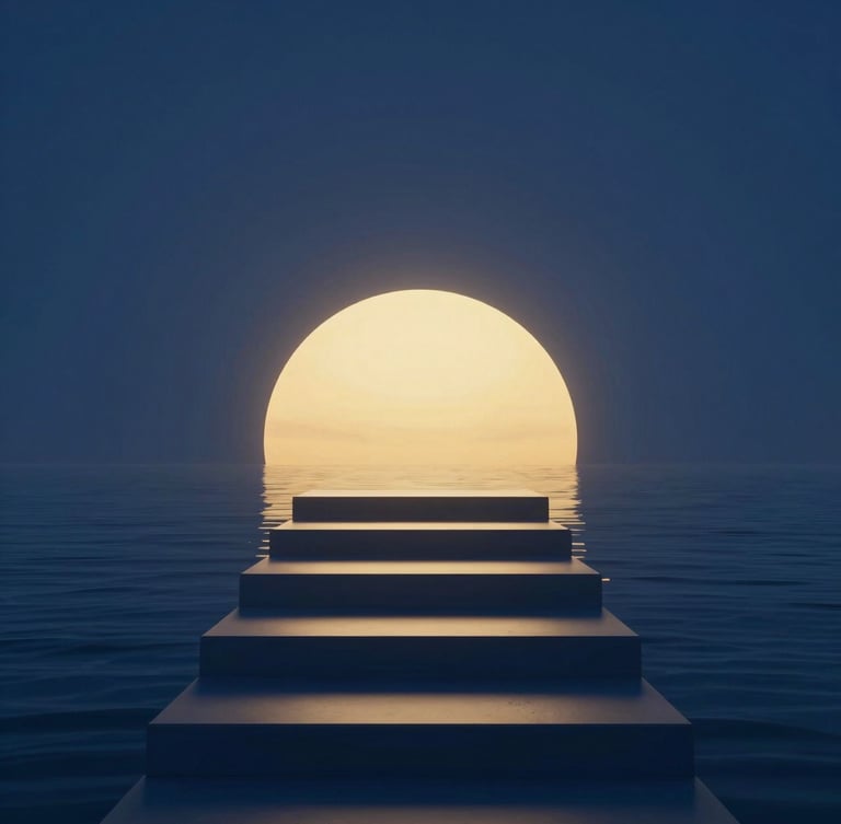 Minimalist clean architectural steps reaching toward a soft golden light, deep blue background, quiet contemplative atmosphere, 3d render