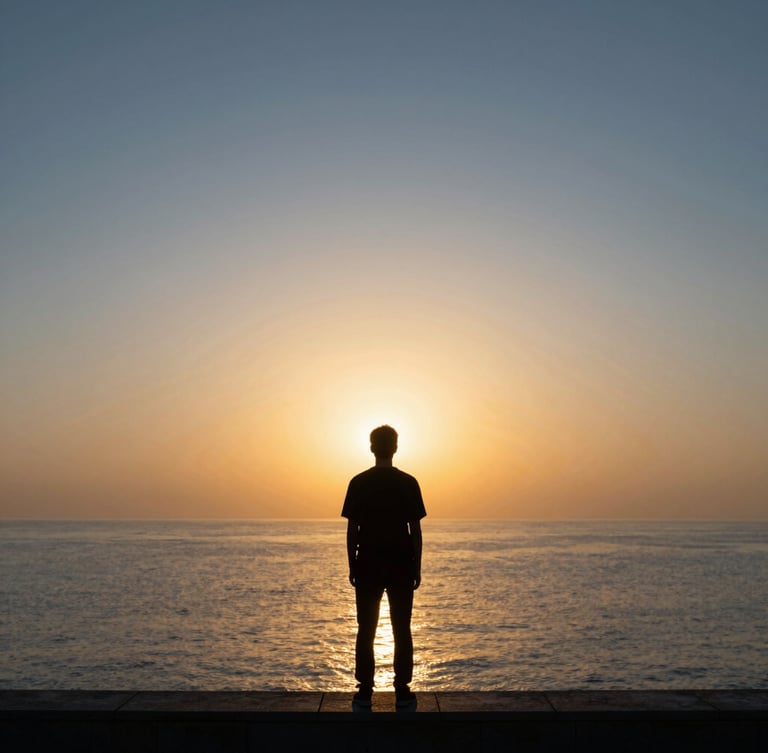 A quiet silhouette of a person standing on a clean stone ledge at sunrise, looking out over a vast golden ocean, minimalist composition, serene dawn light.