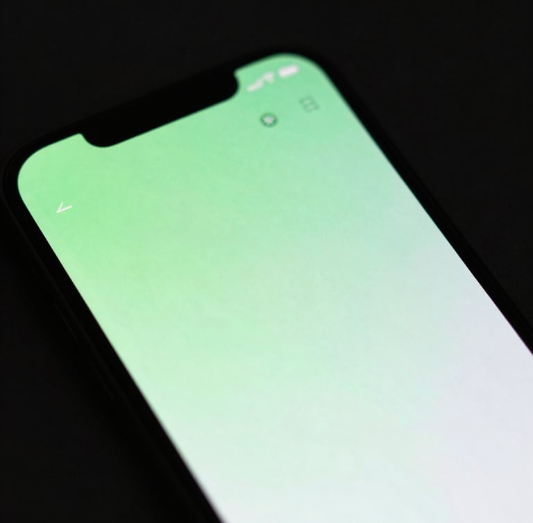 Macro shot of an Android phone screen displaying a smooth UI animation, with subtle neon green glow, dark studio background, sharp focus.