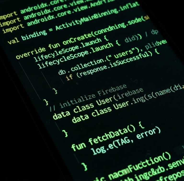 Macro shot of a physical Android device screen displaying neon green interface code, dark studio background, sharp focus, 50mm