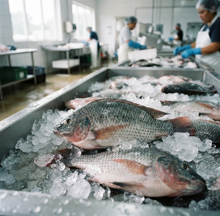 Crisp documentary photography of fresh tilapia on clean ice, bright morning light, water droplets, professional aquaculture setting