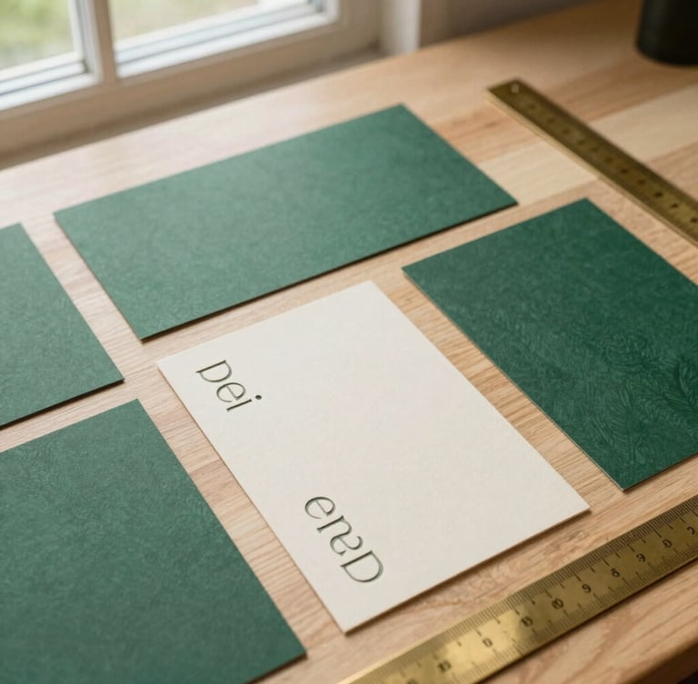 Overhead flat-lay of heavy forest green paper samples, warm cream cards with deep debossed typography, and brass rulers on a light oak workshop table, natural side-lit window daylight
