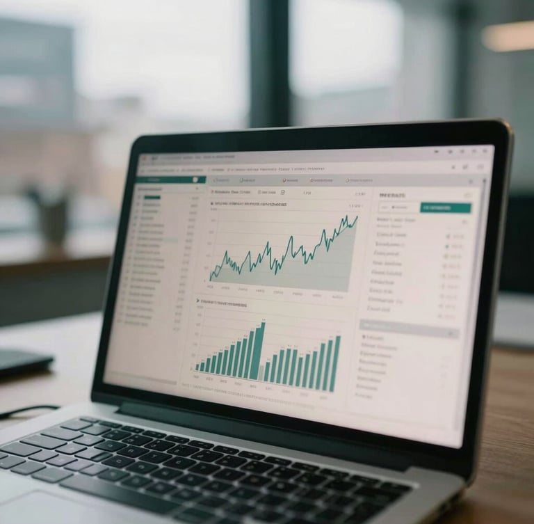 Close-up of a financial model displayed on a laptop screen, showing charts and figures, in a modern London office, overcast daylight, soft shadows, editorial film photography.