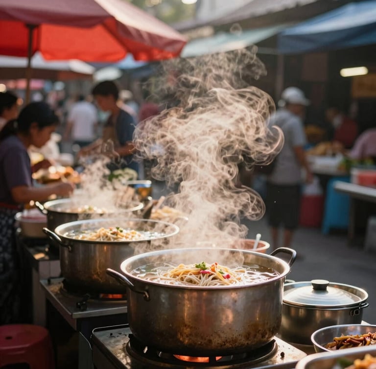 A bustling local Thai street market in Lampang, steam rising from fresh noodle pots, warm morning light, natural textures, atmospheric travel photography