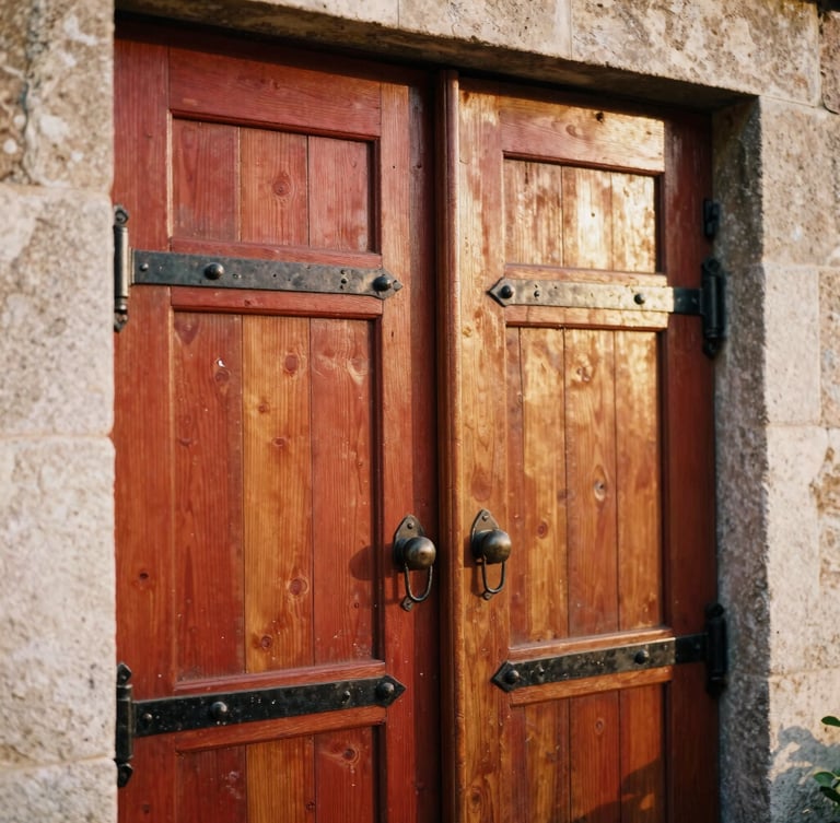 Detail shot of ancient weathered wooden doors with iron hinges on a stone house, soft morning light, shallow depth of field, warm tones