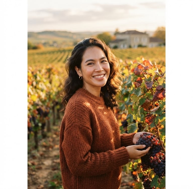 Portrait of a smiling Thai woman in a warm knit sweater standing in a sunlit French vineyard, golden hour light, 35mm film aesthetic, shallow depth of field.