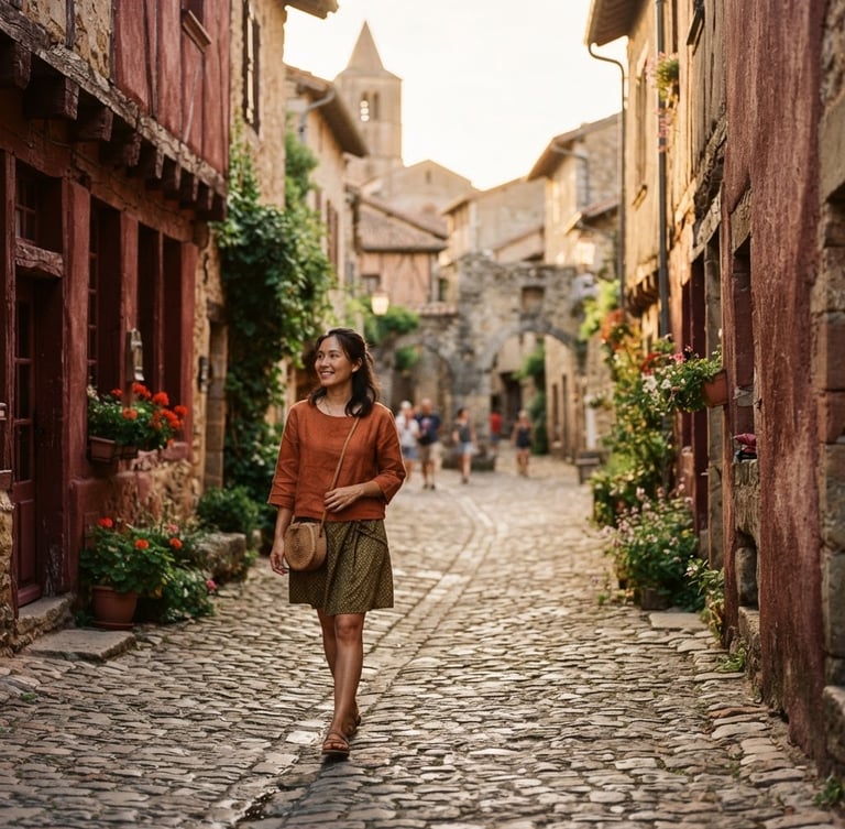 Medium environmental portrait of a Thai woman walking through a narrow cobblestone street in a medieval French village, soft warm golden hour light, 35mm film look