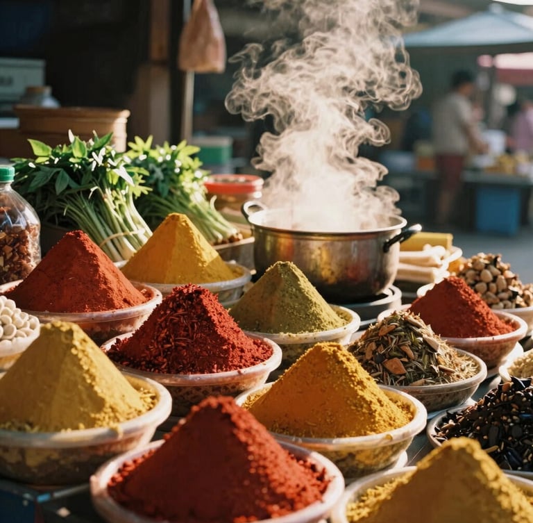 A vibrant local Thai market stall filled with colorful spices, fresh herbs, and steam rising from a large pot, warm golden hour lighting, 35mm film look