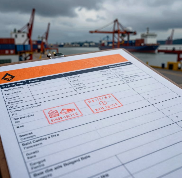 Close-up, high-angle view of a shipping manifest with official stamps and HS codes, industrial lighting, desaturated steel blues and sharp orange accents, dramatic overcast daylight.