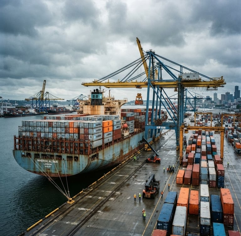 Dramatic wide-angle view of a massive container ship at a US port, hard daylight, desaturated steel blues and high-contrast orange, 35mm