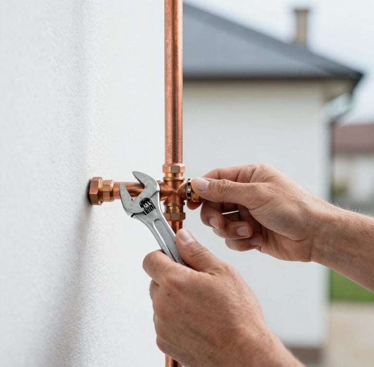 Close-up of a professional plumber's hands tightening a copper pipe joint with a wrench, clean work light, high-contrast cool tones, Reims residential background.