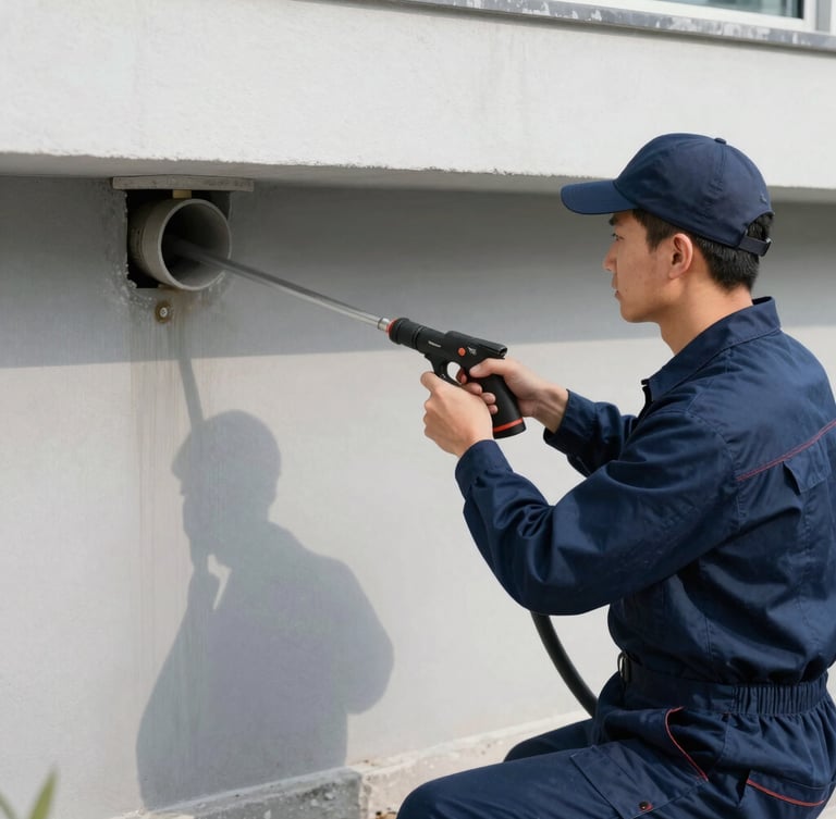 A professional plumber in clean navy blue uniform operating a high-pressure hydrocurage hose near a drainage system, natural daylight, sharp focus, 35mm editorial style