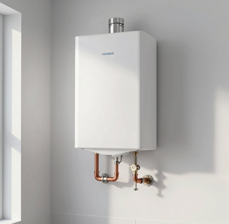 Medium shot of a neat, newly installed modern white water heater with copper pipes perfectly aligned against a clean wall, natural daylight.