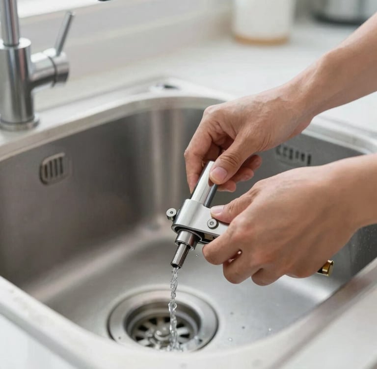 Close-up of professional hands carefully clearing a kitchen sink drain with specialized mechanical tools, clean modern kitchen background, natural daylight, sharp focus, 35mm editorial style.