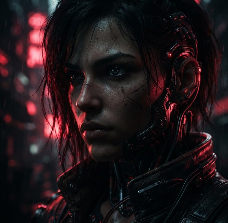 Extreme close-up portrait of a high-concept cyberpunk character, low-key lighting with sharp crimson neon backlighting, deep shadows, cinematic anamorphic lens, 35mm