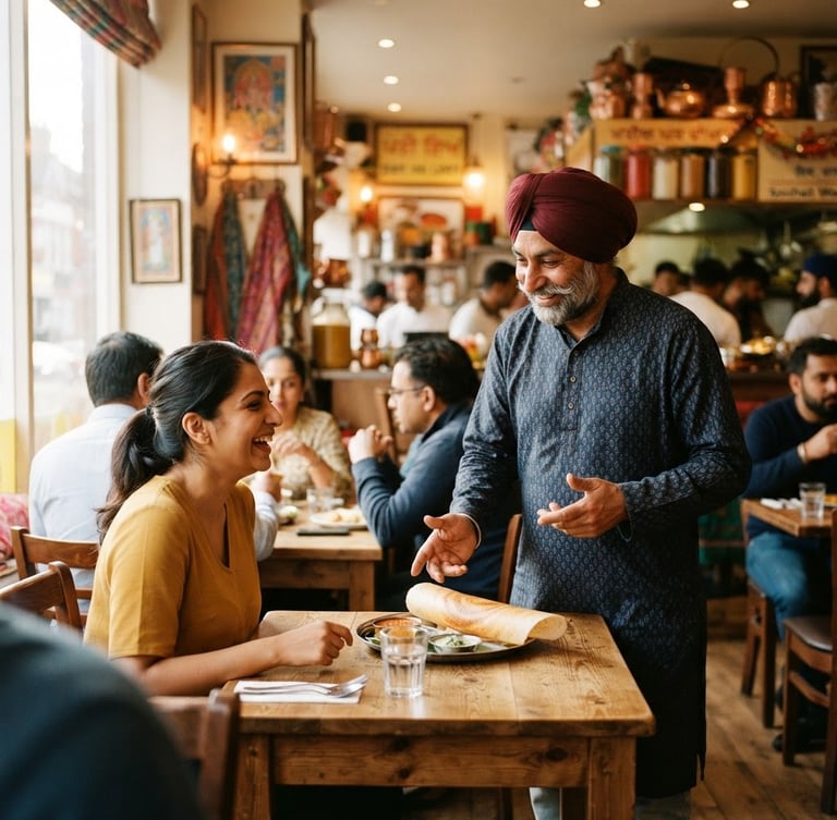A vibrant, warm-lit interior of a multicultural business in Southall, perhaps a bustling market stall or a family-run restaurant, with the owner actively engaging with a customer, framed medium-wide, natural window light, shallow depth of field.