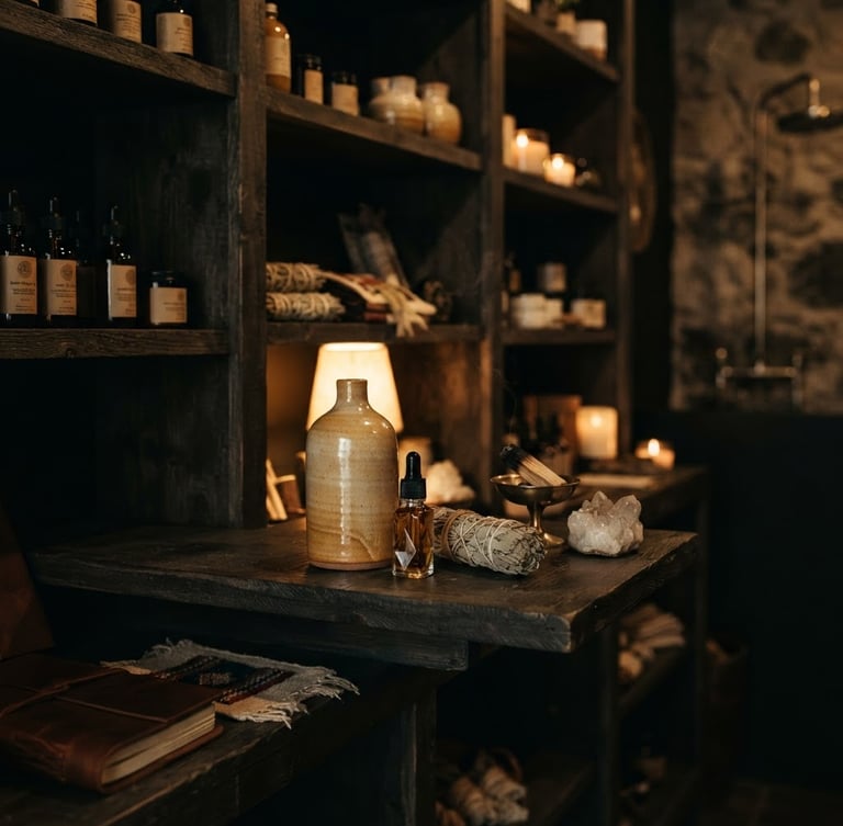 Elegant boutique interior of an intimate wellness shop in Estado de México, warm golden highlights, dark textured wood shelves with curated products, low-key dramatic chiaroscuro lighting, 85mm