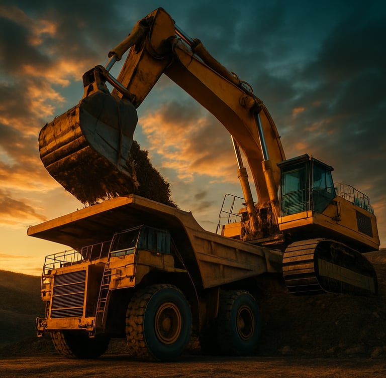 Low-angle heroic shot of a massive yellow excavator loading a haul truck in an open-cast South African mine, dramatic sunset lighting reflecting off steel treads.