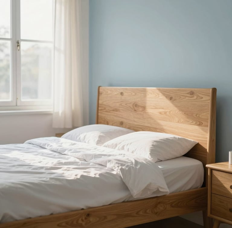 Bright editorial photograph of a modern oak bed frame in a sun-drenched bedroom, soft morning window light, shallow depth of field, warm amber accents, 35mm.