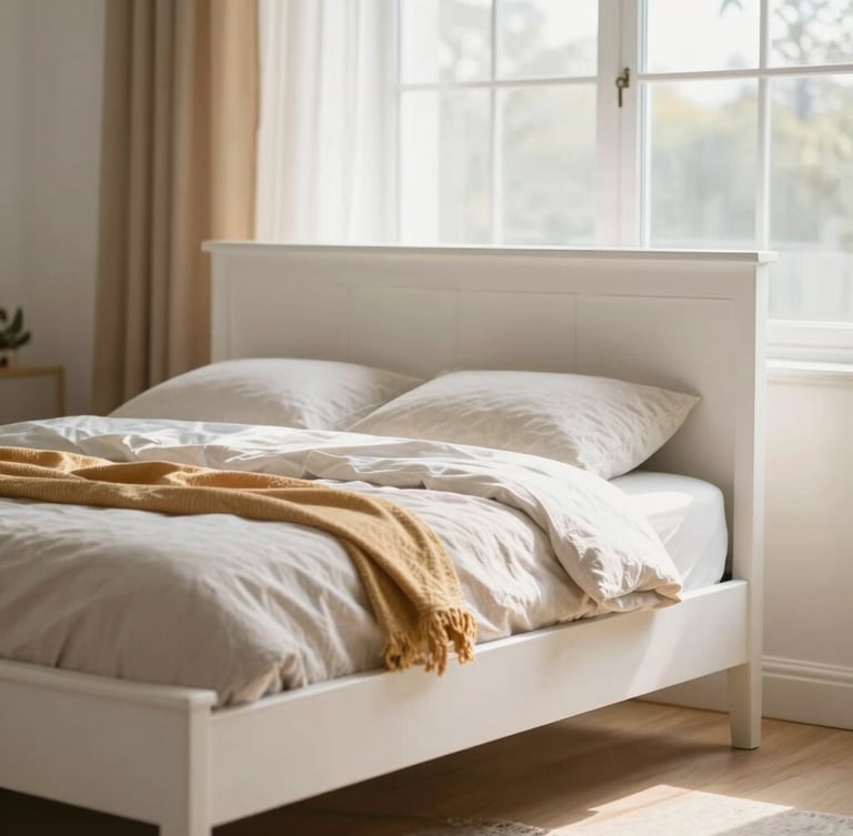 Bright editorial photography of a custom white-oak bed frame bathed in soft morning window light, neutral linens, warm amber accents, 35mm