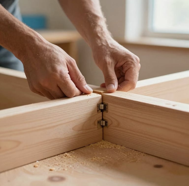 Close-up of a craftsman's hands fitting a mortise and tenon joint on a solid wood bed frame, fine sawdust, soft morning workshop light, warm timber tones, shallow depth of field.