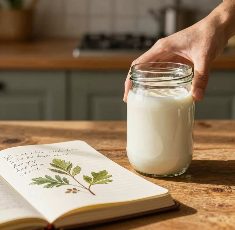 Hands carefully placing a fresh glass jar of kefir next to a handwritten botanical notebook, rustic kitchen background, warm natural light.