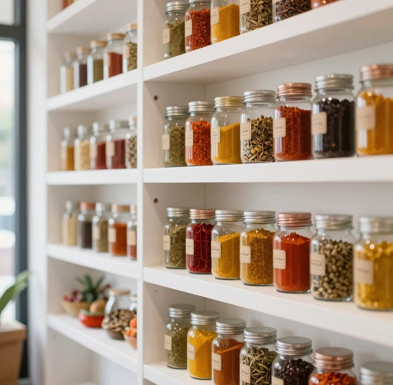 Bright editorial food photography of a modern South Asian boutique interior, clean organized white shelves with colorful spice jars, natural daylight, shallow depth of field