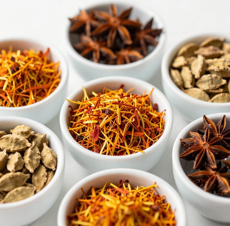 Bright editorial food photography, natural daylight, overhead flat-lay of vibrant whole spices in clean white ceramic bowls, saffron, cardamom, and star anise, crisp composition, shallow depth of field