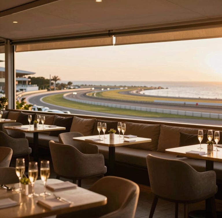 Wide environmental shot of an elegant corporate setup inside a panoramic lounge overlooking the racetrack at golden hour, warm lighting, champagne glasses on tables.