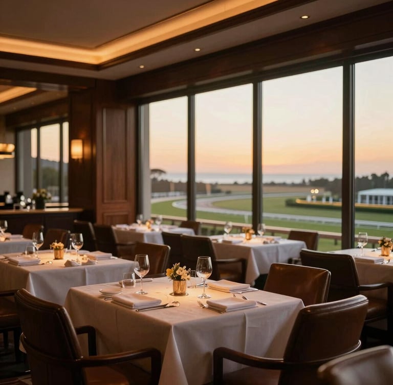 Elegant interior of a prestigious dining room with dark wood accents, leather chairs, and large glass windows overlooking a racetrack at sunset, warm golden-hour lighting.