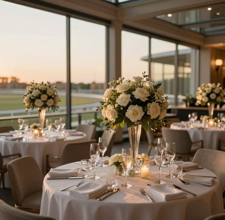 Elegant corporate cocktail reception in a modern glass lounge overlooking the racetrack, white floral arrangements, champagne flutes, warm twilight.