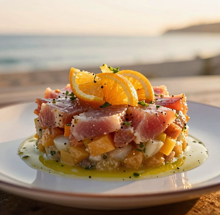 Close-up macro shot of a beautifully plated Mediterranean tuna tartare with citrus dressing, golden hour sunlight, 35mm.