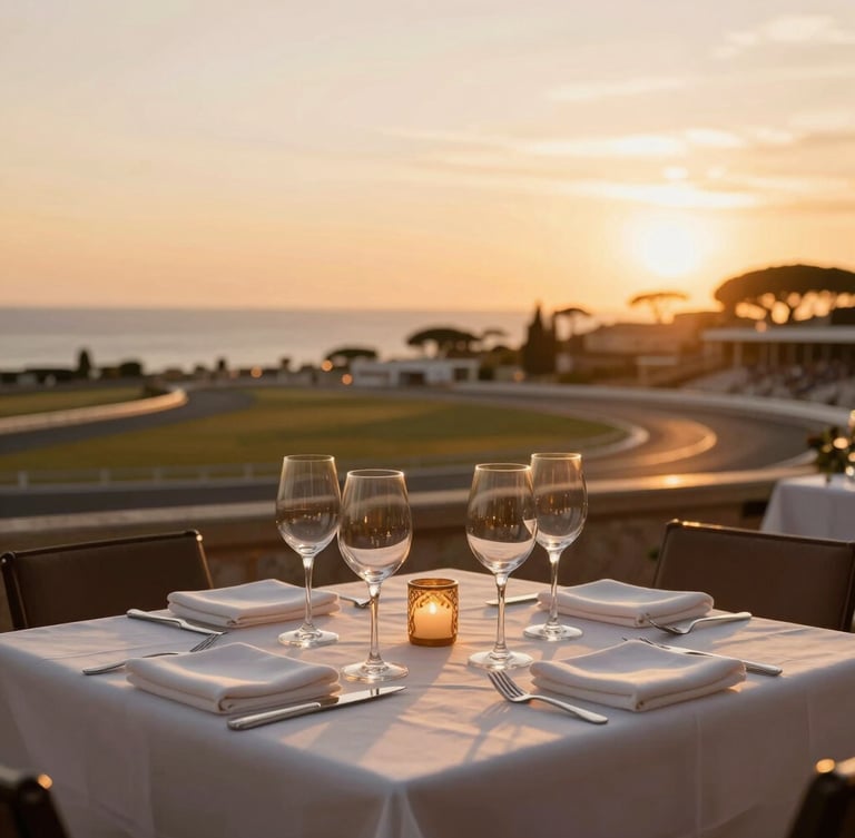 Elegant dining table at golden hour overlooking the racetrack, wine glasses, warm sunset light on the French Riviera, 35mm