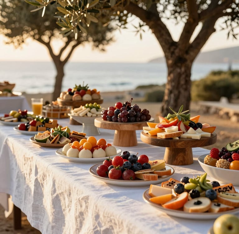A beautifully arranged buffet table with delicate Mediterranean hors d'oeuvres, crisp white linen, and golden-hour sunlight filtering through olive trees