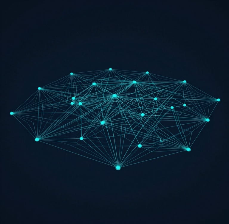 Flat 2D network diagram, clean geometric node schematics, technical blueprint styling with thin teal lines on a dark navy background.