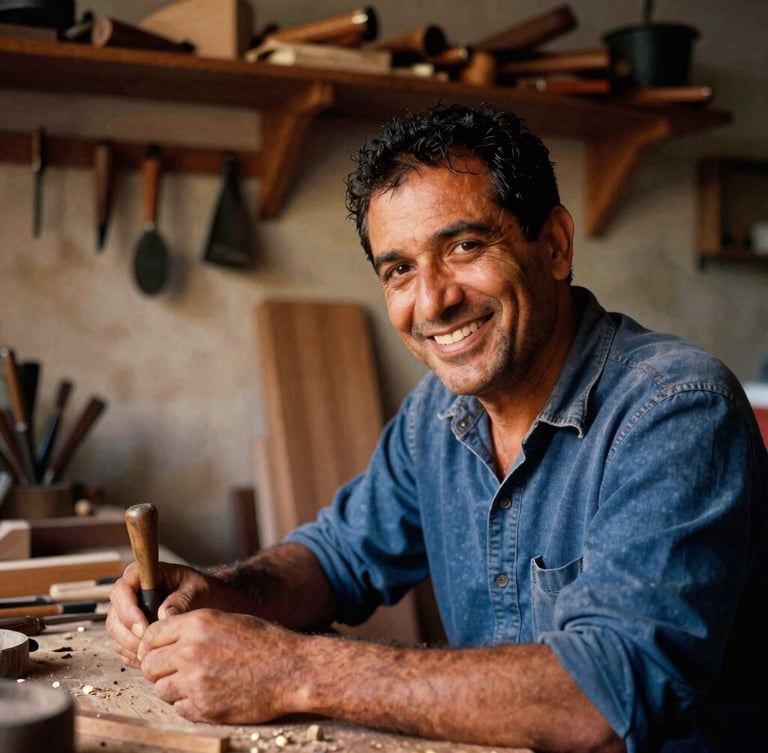 Close-up of a local artisan smiling in a warm, dimly lit workshop in Naples, surrounded by woodcraft and vintage tools, soft natural light, 35mm film aesthetic.