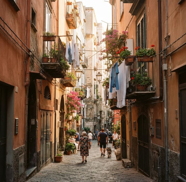 Intimate eye-level shot of a sun-drenched narrow street in Chiaia, warm golden-hour sunlight casting soft shadows on historic terracotta walls, laundry hanging between balconies, 35mm film aesthetic.