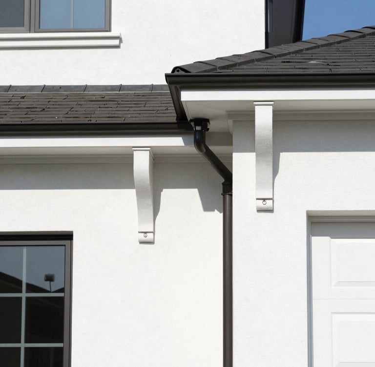Crisp commercial photography of a modern residential home exterior under bright midday sun, clean gutters, sharp focus, 35mm lens
