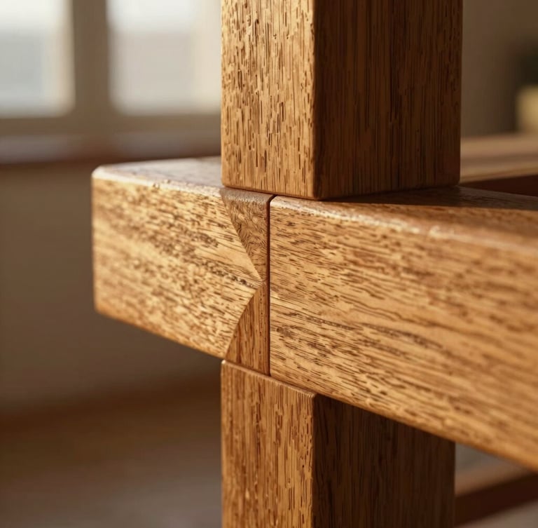 Extreme close-up of a hand-carved mortise and tenon joint in solid, oil-rubbed oak, showing deep tactile grain under low-angle golden hour light.