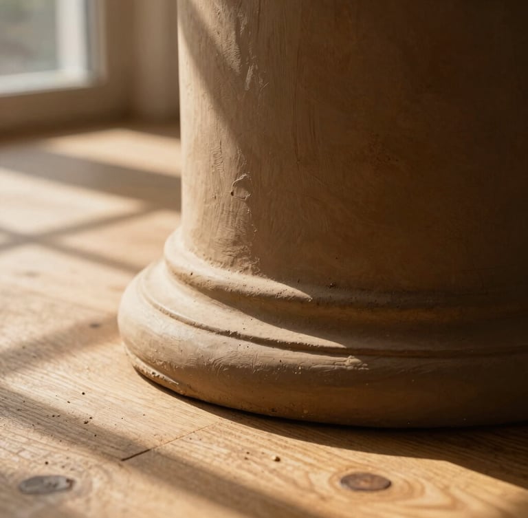 Close-up of a heavy, textured clay pedestal base resting on a rough-sawn timber floor, soft window shadows casting long lines across the surface.